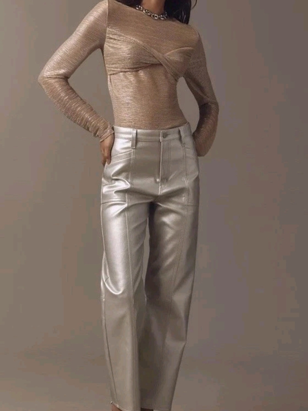 Anthropologie NWT Sheer Metallic Twist Front Long Sleeve Top - Champagne Size M - Picture 4 of 5